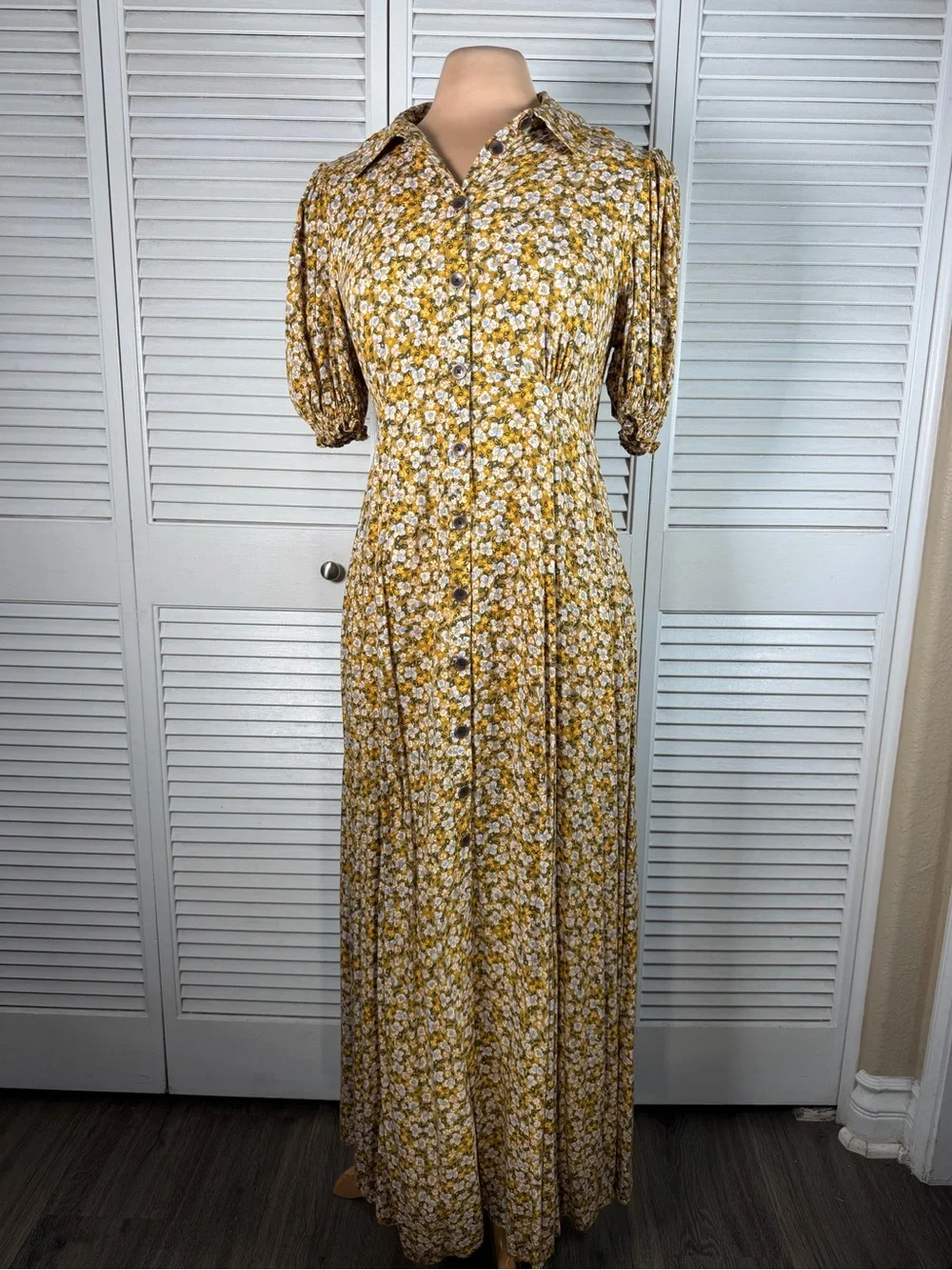 Free People Debbie-Jean Shirtdress Floral Maxi Dress Mustard Yellow Pockets M - Picture 2 of 16
